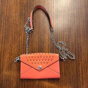 Rebecca Minkoff Leather Orange Studded Spiked on a Chain Wallet Clutch Purse